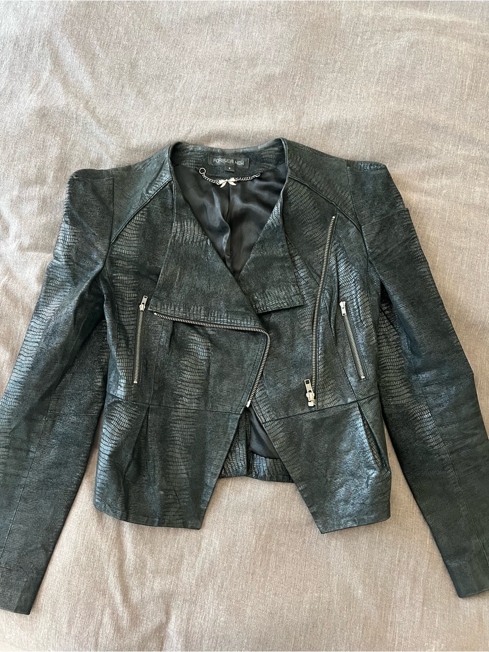 Forever New Black Textured Genuine Leather Moto Jacket with Silver Zippers